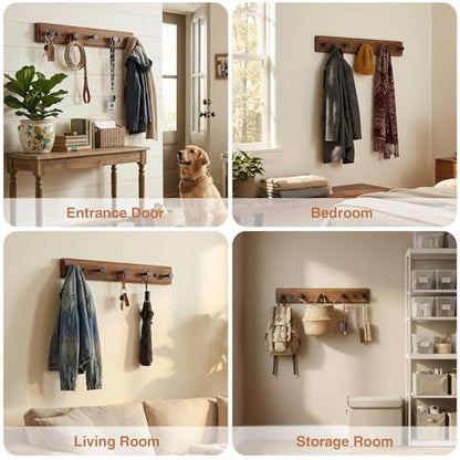 POZEAN Wooden Coat Rack Wall Mount, 2 Pack Wall Mounted Coat Hangers with 5 Smooth Round Hooks, Space Saving Organizer for Entryway,Bathroom, Clothes, Jackets, Hats, Keys(‎Brown Plate & Black Hooks)