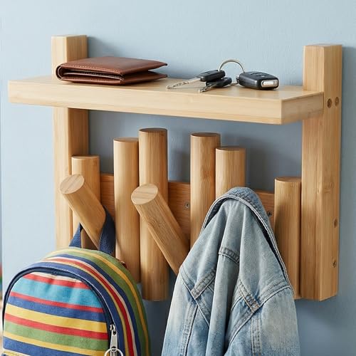 Bamboo Wall Mounted Coat Rack with Shelf Flip Down Wooden Hooks for Entryway Hallway Bedroom | Natural Piano Hanger, 3 Hooks, Space Saving Organizer - color: Natural Bamboo, size: 3-Hook with Shelf