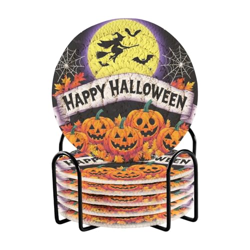 Caikeny 6 Pcs Drink Coasters with Metal Holder Pumpkin Bat Halloween Spider Web Maple Absorbent Coasters Decorative Woven Coaster Set for Coffee Table - color: Multi 10k1.36