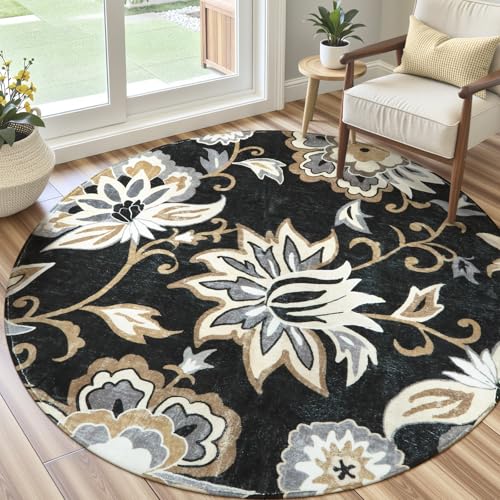 Lahome Floral Black Round Area Rug - 5Ft Washable Ultra-Thin Soft Bedroom Rug, Non-Slip Stain Resistant Circle Carpet for Living Room, Office, Dining Room, Paisley Print Accent Carpet | Ultra-Thin Soft Bedroom Rug, Non-Slip Stain Resistant Circle Carpet f