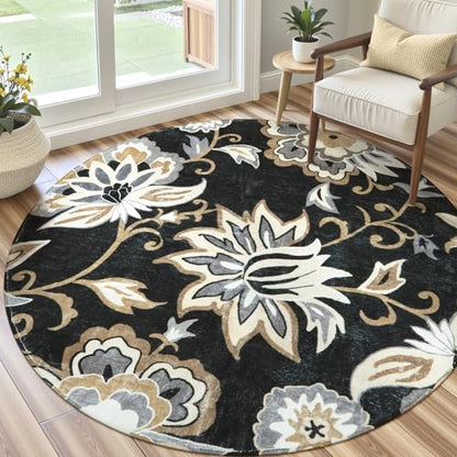 Lahome Floral Black Round Area Rug - 5Ft Washable Ultra-Thin Soft Bedroom Rug, Non-Slip Stain Resistant Circle Carpet for Living Room, Office, Dining Room, Paisley Print Accent Carpet | Ultra-Thin Soft Bedroom Rug, Non-Slip Stain Resistant Circle Carpet f