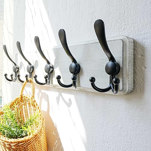 Coat Rack Wall Mounted - 5 Tri Hooks, Heavy Duty, Wooden Wall Coat Hanger Coat Hook for Clothes Hat Jacket Clothing, White & Black - color: White & Black, size: L=17.4"