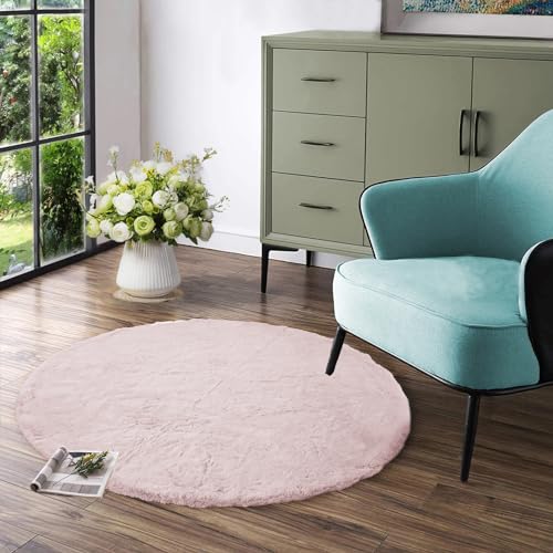 Latepis Light Pink Circle Rug 3ft Fuzzy Round Throw Rug Non-Slip Faux Rabbit Fur Carpet for Bedroom, Living Room, Nursery, Playing Room and Dorm - color: Light Pink, size: 3' (Round)