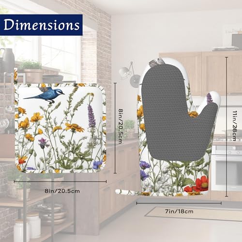 Spring Flower Bird Oven Mitts and Pot Holders Sets of 4 Wildflowers Heat Resistant Silicone Oven Mits Gloves Non-Slip Kitchen Mittens Potholders for Cooking Baking Grilling BBQ - color: Spring Flower Bird,wildflowers