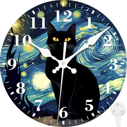 Wall Clocks Battery Operated, Starry Night and Black Cat Silent Non Ticking Decorative Indoor Outdoor Wall Clocks for Living Room Kitchen Bedroom Bathroom 12"（Abstract Impressionist Oil Painting） - color: Starry Night and Black Cat