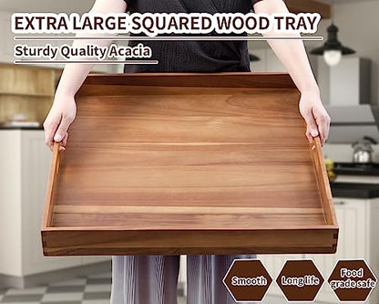 Extra Large Square Wood Tray, Generously 22" Acacia Serving Trays for Large Ottoman Coffee Table, Giant Square Shape Sofa Tray with Handles, Kitchen Organizer Storage Trays Huge Counter Serveware - color: 22" Square Tray - Acacia