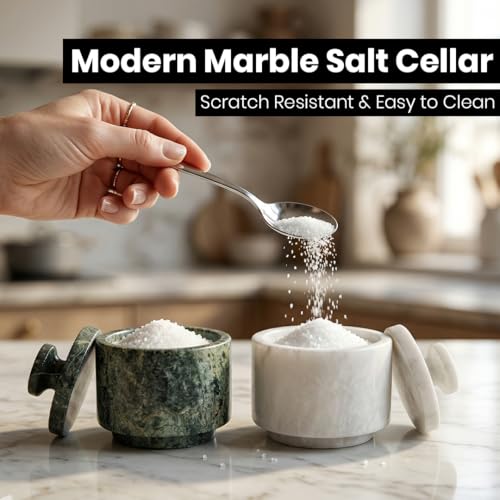 Marble Salt Cellar with Lid - Stone Salt Container for Countertop, Salt Box Keeper for Kitchen Counter, 3.5 oz OceanicX Marble Cellar (White Jungle Green) - color: White Jungle Green