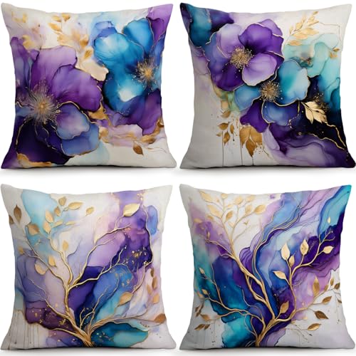 Blue Purple Gold Glit Floral Pillow Covers Set of 4, 18x18 Modern Decor | Faux Linen Blue Purple Floral Pillow Covers with Gold Accents Add Luxury Botanical Style to Sofa Bedroom Porch - color: Flowers Blue and Purple Gilt, size: 18" x 18" (Pack of 4)
