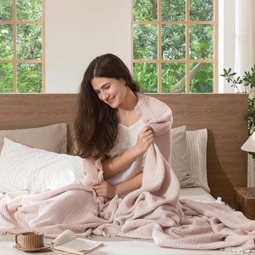 MooMee 100% Cotton Muslin Blanket Fringed 4-Layer Gauze Bed Throw, King | Soft Breathable Lightweight Thin Coverlet Summer Blankets for Adults, Bed & Couch All Seasons, Greyish Pink, 104" x 90" - color: Greyish Pink, size: King