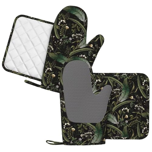 Mushrooms Oven Mitts and Pot Holders Sets Silicone Forest Plants Wild Berries Herbs Ferns Kitchen Oven Mitts Hot Pads Heat Resistant Potholders Kitchen Mitts Set for Baking BBQ Cooking - color: Black Green
