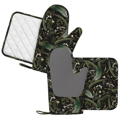 Mushrooms Oven Mitts and Pot Holders Sets Silicone Forest Plants Wild Berries Herbs Ferns Kitchen Oven Mitts Hot Pads Heat Resistant Potholders Kitchen Mitts Set for Baking BBQ Cooking - color: Black Green