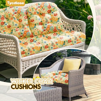 All Weather 3 Pieces Wicker Furniture Chair Cushions, Waterproof Outdoor Wicker Chair Cushion for Patio Furniture Loveseat Settee Bench, 1 Loveseat and 2 U-Shaped Thickened Cushions, Daisy - color: Daisy Cushion