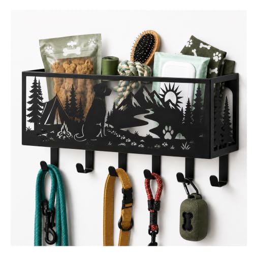 Custom Dog Leash Holder for Wall Pet Supply Organizer with Storage Basket | Custom Metal Dog Leash Holder, Pet Supply Organizer With Storage Basket, Wall Mount Hooks For Entryway And Dog Accessories - size: Small, style: Dog Mountain Organizer