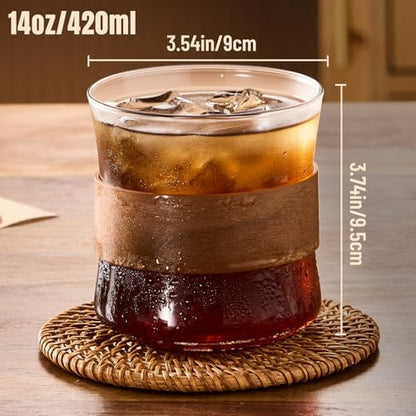 PARACITY Espresso Cups Set of 2, 14 oz Borosilicate Glass, Wooden Rings | Clear cups fit espresso machines for espresso shots, coffee, tea and latte; removable wooden rings help limit heat transfer - size: 14 Ounces (2 pack)