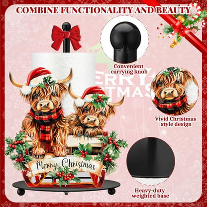 Christmas Highland Cow Paper Towel Holder with Round Base | Rustic Bathroom Countertop Decor, Festive Dispenser for Toilet Home Accessories, Holiday Organizer with Stable Base Design - style: Christmas Highland Cow