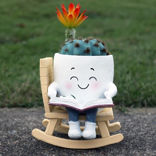 Dolkgy Cute Head Planters Face Pots, Adorable Human Face Planter Reading Books Flower Vase for Indoor Outdoor Plants, Unique Plant Holder Succulent Cactus Pots - color: White