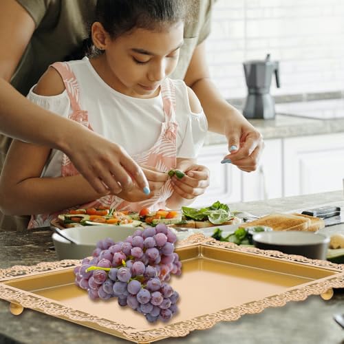 Ipetboom Rectangular Iron Serving Tray Decorative Food Plate with Hollow Lace Edge Gold Finish Multi-functional Fruit and Snack Display Dish for Home Entertaining