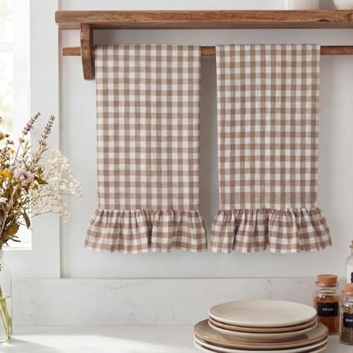 HunnmingRe Taupe Kitchen Towels Set of 2, 100% Cotton Ruffled Gingham Dish Towels 18"x28" Tea Cloths Classic Plaid Pattern for Farmhouse Charm, Drying Dishes, Entertaining Guests - color: Taupe, style: Gingham