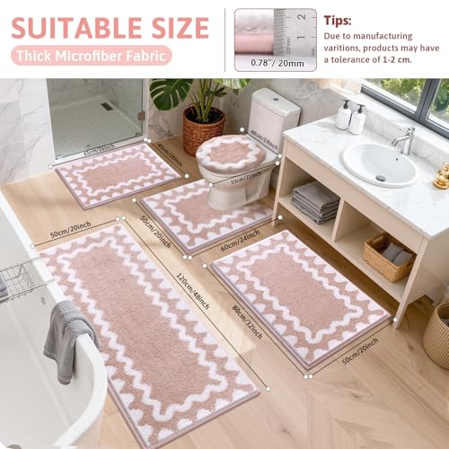 Findosom Bathroom Rugs Sets 5 Piece, Absorbent Soft Non-Slip Bath Rug Set | Washable Microfiber Shaggy Bath Mat Set with Bathroom Runner Rug, U-Shaped Toilet Rugs, Shower Rug & Toilet Lid Cover, Pink - color: Pink & White, size: 18"x26"+20"x32"+20"x48"+U