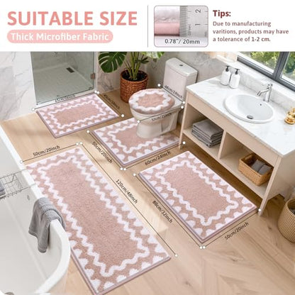 Findosom Bathroom Rugs Sets 5 Piece, Absorbent Soft Non-Slip Bath Rug Set | Washable Microfiber Shaggy Bath Mat Set with Bathroom Runner Rug, U-Shaped Toilet Rugs, Shower Rug & Toilet Lid Cover, Pink - color: Pink & White, size: 18"x26"+20"x32"+20"x48"+U