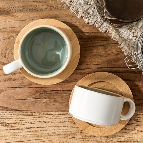 LUKA 6 Ounce Porcelain Stackable Espresso Cups with Saucers and Metal Stand Set of 4, Ceramic Cappuccino Cups Set for Specialty Coffee Drinks, Latte, Cafe Mocha and Tea, White Green Interior - color: White-Green