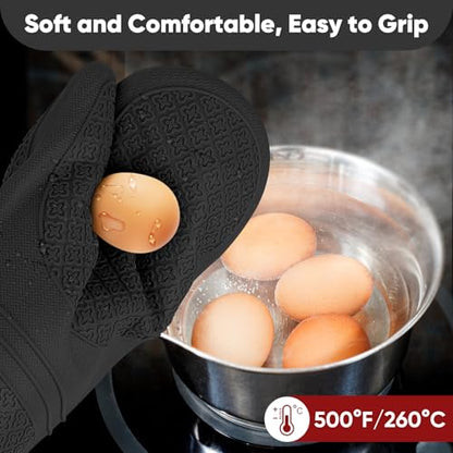 Silicone Oven Mitts, Heat Resistant Oven Gloves with Quilted Liner, Waterproof & Non-Slip Kitchen Mittens for Baking Cooking BBQ, 500°F, 12.5"-Black - color: Black
