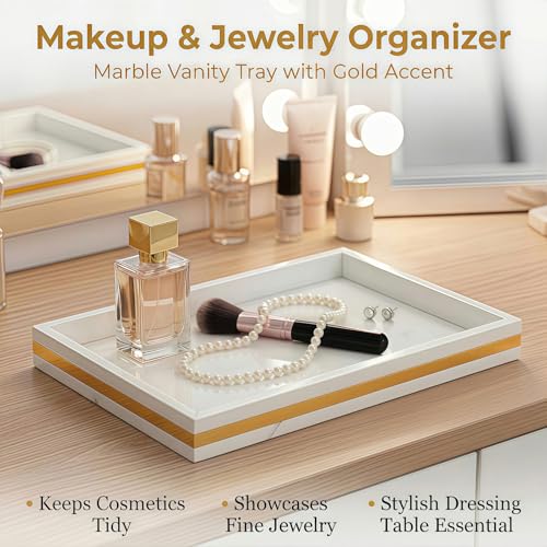Natural Marble Tray, Marble Vanity Tray Organizer | Natural Marble, Jewelry Perfume Tray, Vanity Organizer, Non-Slip, Bathroom Dresser Nightstand, Gift for Her - color: White