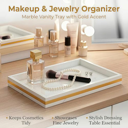 Natural Marble Tray, Marble Vanity Tray Organizer | Natural Marble, Jewelry Perfume Tray, Vanity Organizer, Non-Slip, Bathroom Dresser Nightstand, Gift for Her - color: White