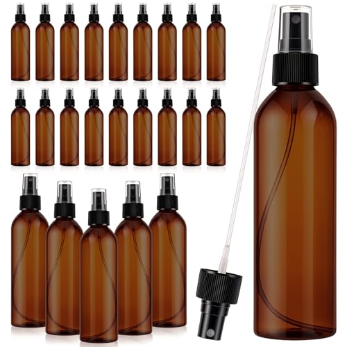 Fumusae 26 Pcs 8 oz Spray Bottles Fine Mist Cleaning Bottles, Amber Empty Plastic Travel Sprayer, Refillable Liquid Containers for Liquid Hair Oil Shampoo Lotion (8 oz,Amber)