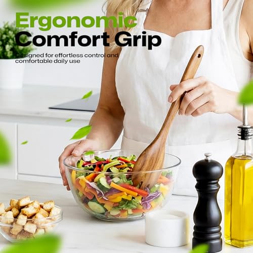 Wooden Salad Spoon Fork, 2-in-1 Teak Wood Cooking Utensil, Long Handle Non-Stick Safe Pasta Server for Mixing Tossing Serving Salad Pasta and Fruits