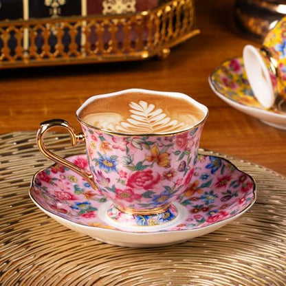 KAMMAK Tea Cup and Saucer, Ceramic Coffee Cups, 6.3 oz, Set of 2 | Porcelain Tea Cups with Saucers for Coffee and Cappuccino, Ideal for Breakfast, Afternoon Tea and Entertaining,645N+646N - style: 645N+646N