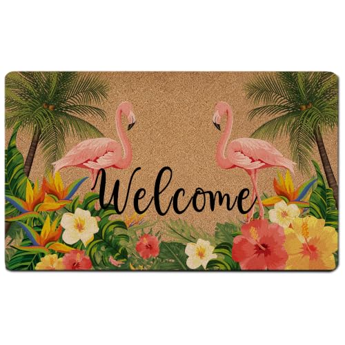 Tropical Flamingo Floral Welcome Faux Coir Door Mat 17x30 Inch | Summer Palm Tree Bird Floral Doormat for Porch Entrance Entryway, Tropical Outdoor Welcome Mats for Front Door - color: Colour 2