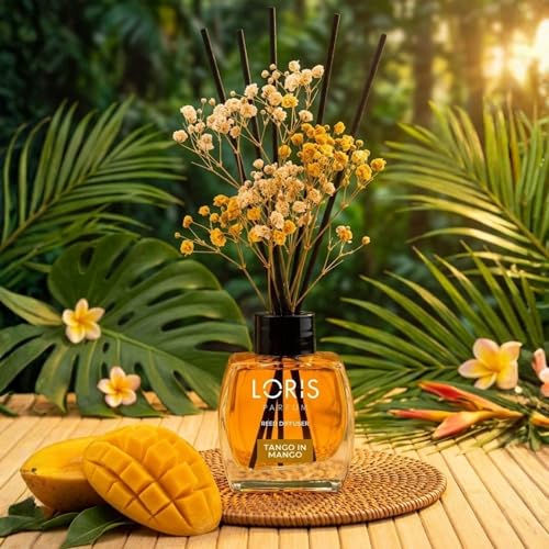 Loris Mango Reed Diffuser Set with Dried Flowers | Reed Diffusers for Home with Sticks | Bathroom Diffuser & Room Scent | Long-Lasting Home Fragrance | 120 mL / 4.06 fl oz - color: Mango