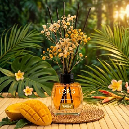 Loris Mango Reed Diffuser Set with Dried Flowers | Reed Diffusers for Home with Sticks | Bathroom Diffuser & Room Scent | Long-Lasting Home Fragrance | 120 mL / 4.06 fl oz - color: Mango