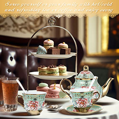 Zhehao 20 Pcs Porcelain Tea Set with Metal Holder and Spoon Adult Ceramic Tea Set European Flower Painting Teapot Cup Saucer Spoon for Women Mom Gift, Large Version (Fresh Style) - color: Fresh Style