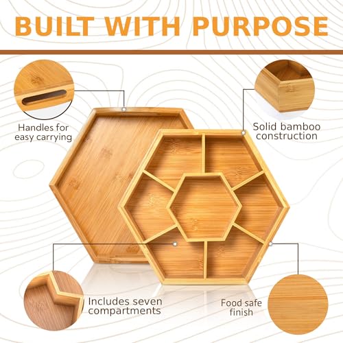 Snack and Serving Tray Set – 13" Divided Bamboo Appetizer Platter for Dry Fruit, Nuts, Cheese and Charcuterie (Bamboo, 13"x11")