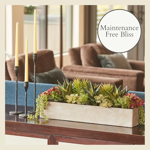 Oblong Faux Succulent Arrangement, 27" Premium Artificial Indoor Plant Enhances Interior Design, Display on any Surface in Your Home Adding an Inviting Touch of Nature, Natural Planter Pot Included - size: 27" Oblong Khaki