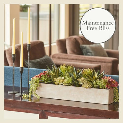 Oblong Faux Succulent Arrangement, 27" Premium Artificial Indoor Plant Enhances Interior Design, Display on any Surface in Your Home Adding an Inviting Touch of Nature, Natural Planter Pot Included - size: 27" Oblong Khaki