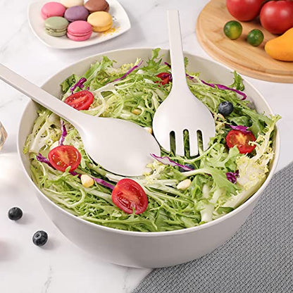 ECOWAY Bamboo Fiber Salad Bowl Set with Lid & Servers, 4Qt Large Serving Bowl with Bamboo Lid, 130OZ Mixing Bowl with Spoon Fork for Salad Fruits Vegetables and Pasta (White, 9.8inch) - color: White with lid