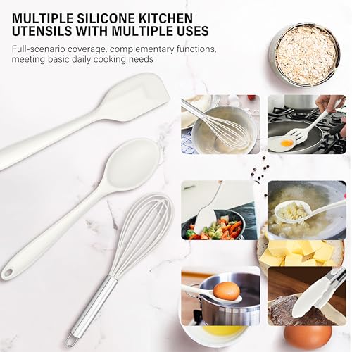 HaWare 11 PCS Silicone Cooking Utensils Set, Heat Resistant Kitchen Utensils with Holder, Food-grade Spatula Sets for Nonstick Cookware, Kitchen Tools Gadgets Include Fish Turner, Spoon (White) - color: White