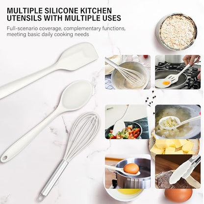 HaWare 11 PCS Silicone Cooking Utensils Set, Heat Resistant Kitchen Utensils with Holder, Food-grade Spatula Sets for Nonstick Cookware, Kitchen Tools Gadgets Include Fish Turner, Spoon (White) - color: White