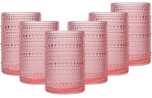 JOVGANK Pink Vintage Hobnail Drinking Glasses Set of 6, Water Tumbler 15oz, Kitchen & Bar Beaded Highball Glasses, Beverage Glass Cups for Water, Beer, Juice, Housewarming Gift - color: Pink, size: 15 oz