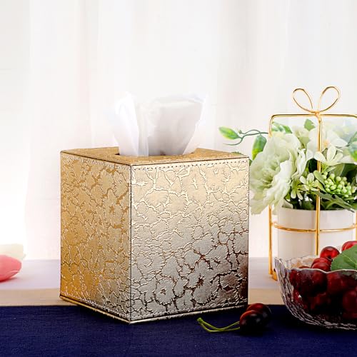 Sumnacon Square Leather Tissue Box Cover - Stylish Cube Tissue Box Holder with Magnetic Bottom, Decorative PU Tissue Box for Vanity Dresser Night Stand Table Countertop Home Office Car, Gold | Stylish Cube Tissue Box Holder, Decorative Tissue Box Covers F