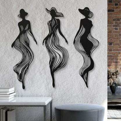 XXQ Abstract Women Silhouette Metal Wall Art Set of 3 – Modern Line Art Decor for Living Room, Bedroom, Hallway, or Studio Walls (Black, 53" x 17" / 135 x 43 cm) - size: 53L" x 17W"