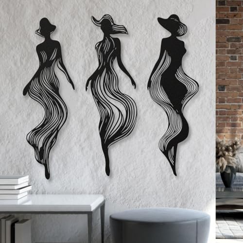 XXQ Abstract Women Silhouette Metal Wall Art Set of 3 – Modern Line Art Decor for Living Room, Bedroom, Hallway, or Studio Walls (Black, 41" x 13" / 105 x 34 cm) - size: 41L" x 13W"