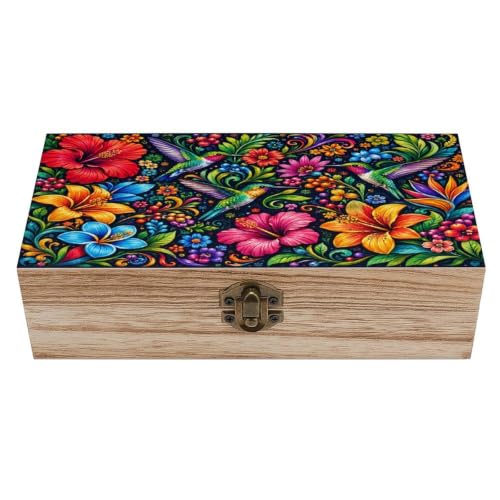 Colorful Hummingbirds And Flowers Wooden Storage Box Decorative Keepsake Box with Metal Lock Vintage Organizer Container Jewelry Photo Letter Memory Box Rustic Home Desk Storage Gift Box - color: Colorful Hummingbirds And Flowers