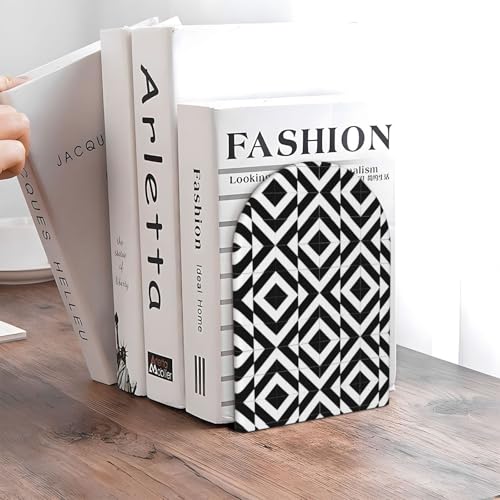 Geometric Black & White Patterns Print Book Ends, 1 Pair Sturdy Wooden Bookends for Shelves Heavy Duty Non-Slip Wood Bookend for Home Office Library School Study Decoration
