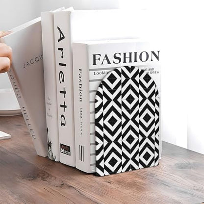 Geometric Black & White Patterns Print Book Ends, 1 Pair Sturdy Wooden Bookends for Shelves Heavy Duty Non-Slip Wood Bookend for Home Office Library School Study Decoration