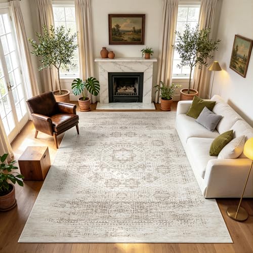8x10 Boho Washable Area Rug for Living Room,Bedroom,Dining Room-Beige Brown | Neutral Retro,Ultra Soft Low Pile Faux Wool,Non-Slip&Non-Shedding,Fade Resistant,Large Vintage Carpet for Nursery Home Office - color: Brown-faint-yellow, size: 8' x 10' (Rectan