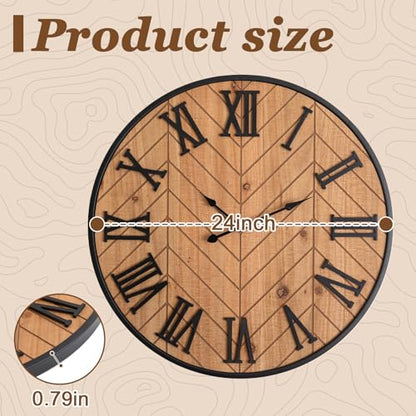 Kenning Farmhouse Wall Clock for Living Room Decor, Rustic 24'' Wall Clock | Large Decorative Wall Clock with Brown Wooden Face & Black Metal Frame, Silent Battery Operated for Kitchen Bedroom Entryway - size: 24 Inch